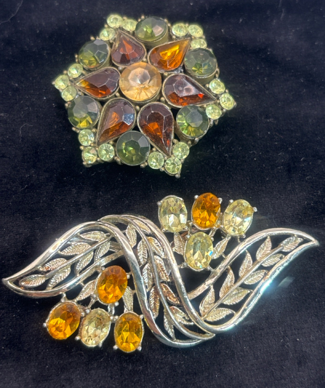 Two Vintage Rhinestone Brooches Topaz Greens Jonquil