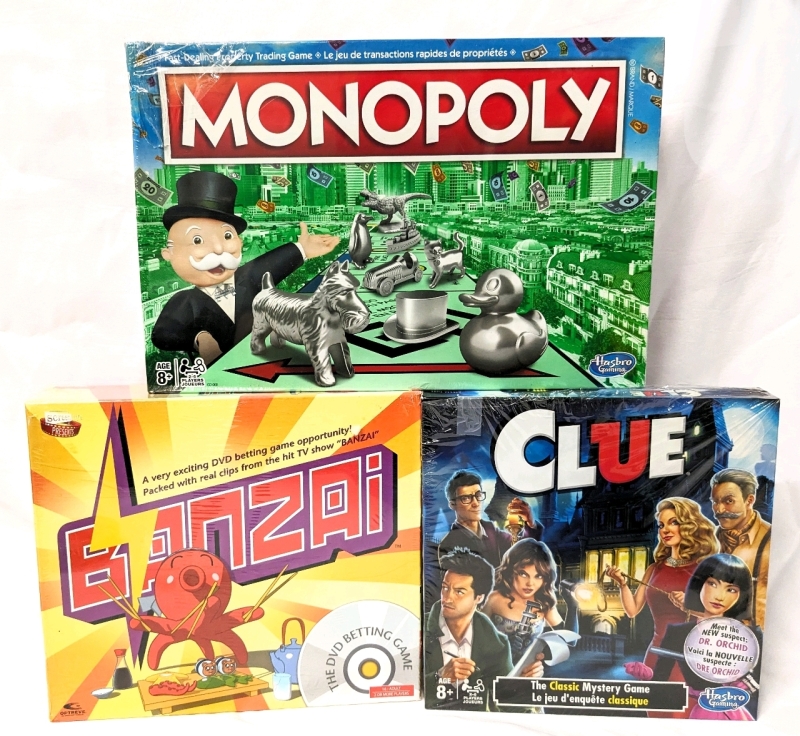 3 New Board Games : Monopoly, Banzai, Clue