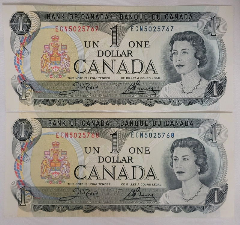 1973 Canadian One Dollar Bank Notes , Consecutive Numbers , 2 Notes