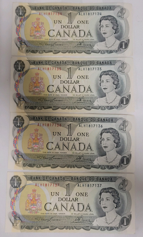 1973 Canadian One Dollar Bank Notes , Consecutive Prefix Numbers , 4 Notes