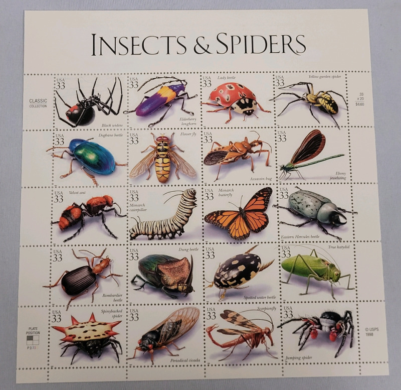 1998 US Postal ' Insects & Spiders ' Stamp Sheet , 33 Cent Postage Stamps