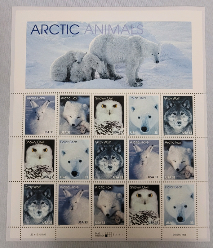 1998 US Postal ' Artic Animals ' Stamp Sheet , 33 Cent Postage Stamps