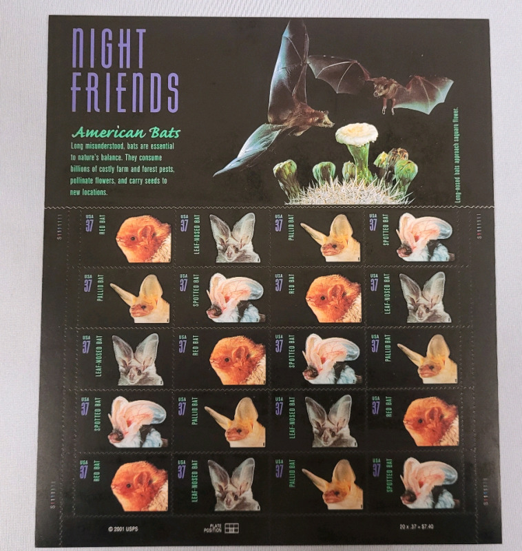 2001 US Postal ' Night Friends : American Bats ' Stamp Sheet , 37 Cent Postage Stamps