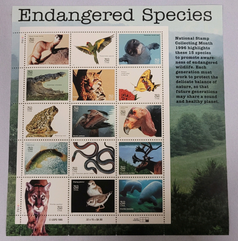 1995 US Postal ' Endangered Species ' Stamp Sheet , 32 Cent Postage Stamps