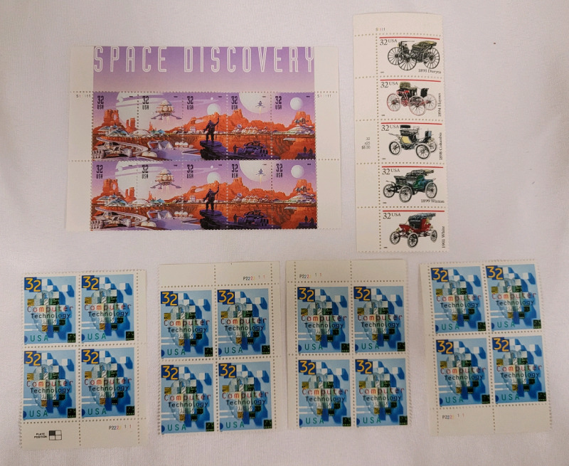 US Postal ' Technology & Transportation ' Stamp Blocks . 32 Cent Postage Stamps