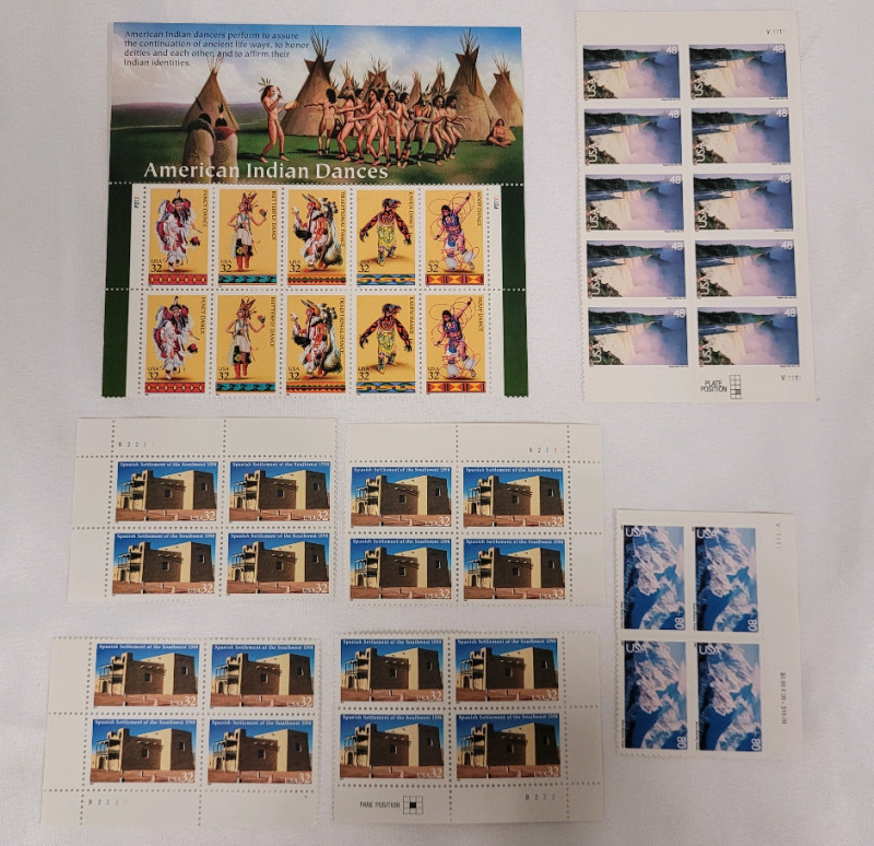 US Postal ' Native American & Scenery ' Stamp Blocks . 32 - 80 Cent Postage Stamps
