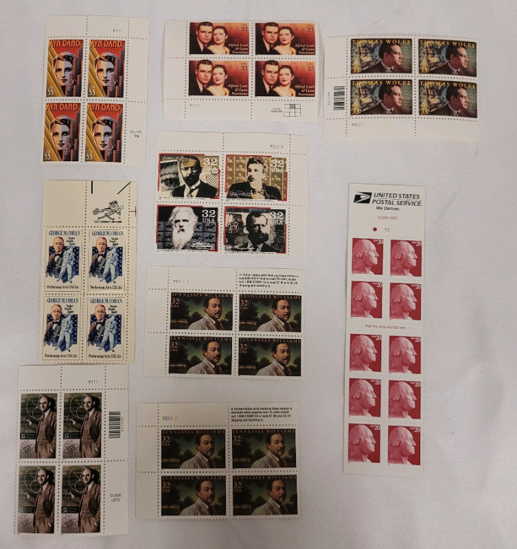 US Postal ' Famous Americans ' Stamp Blocks . 15 - 34 Cent Postage Stamps