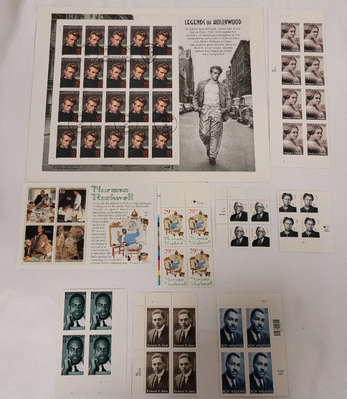 US Postal ' Famous Americans ' Stamp Blocks & 1st Day James Dean . 32 - 76 Cent Stamps