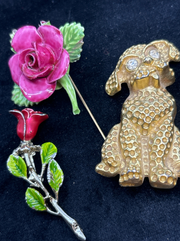 Vintage Gerry’s Rose 3 Figural Brooches Rhinestone Enamel