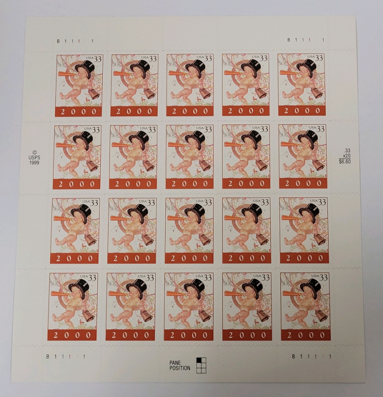 2000 US Postal ' Happy New Year Baby ' Stamp Sheet , 33 Cent Postage Stamps