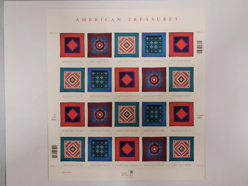 2000 US Postal ' American Treasures : Amish Quilt ' Stamp Sheet , 34 Cent Postage Stamps