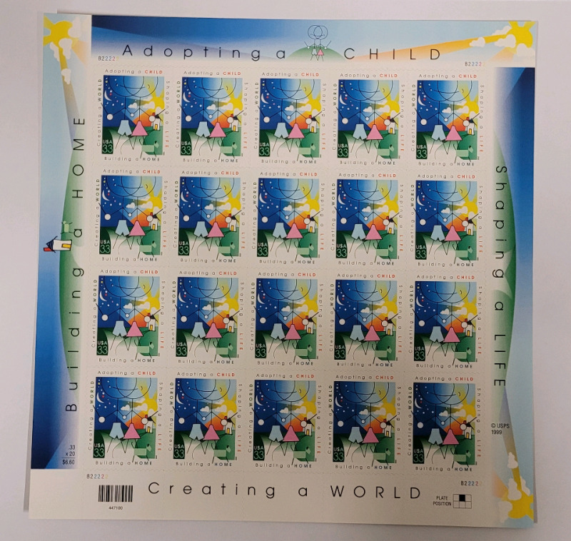 1999 US Postal ' Adopting A Child ' Stamp Sheet , 33 Cent Postage Stamps