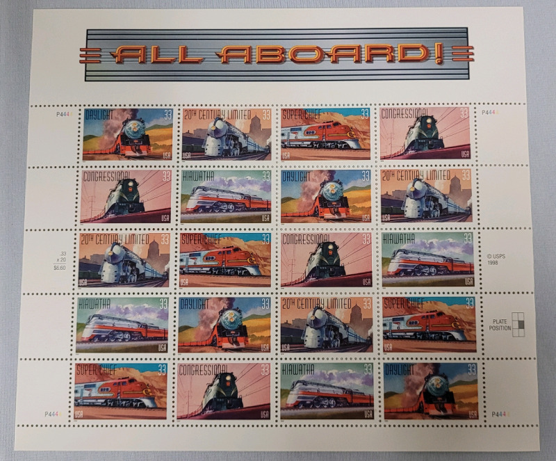 1998 US Postal ' All Aboard! Streamline Engines ' Stamp Sheet , 33 Cent Stamps