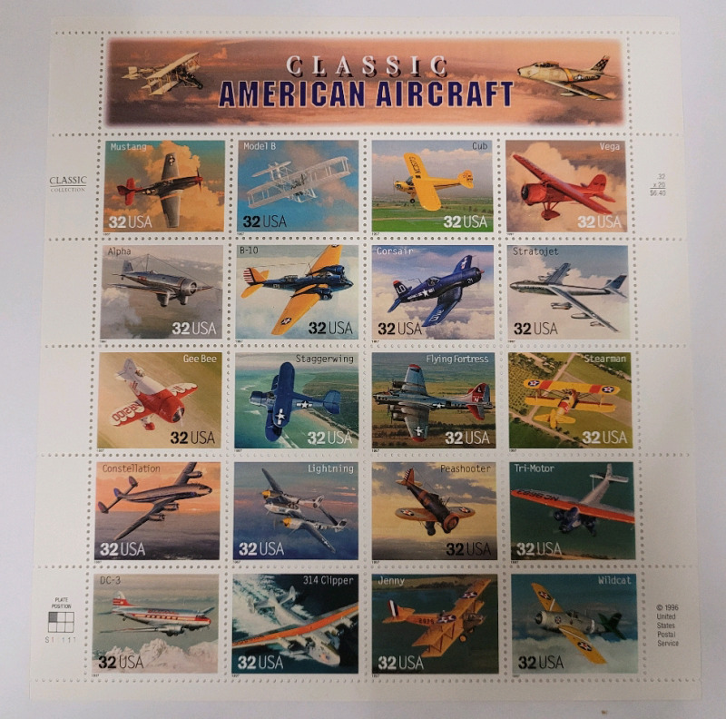 1996 US Postal ' Classic American Aircraft ' Stamp Sheet , 32 Cent Stamps