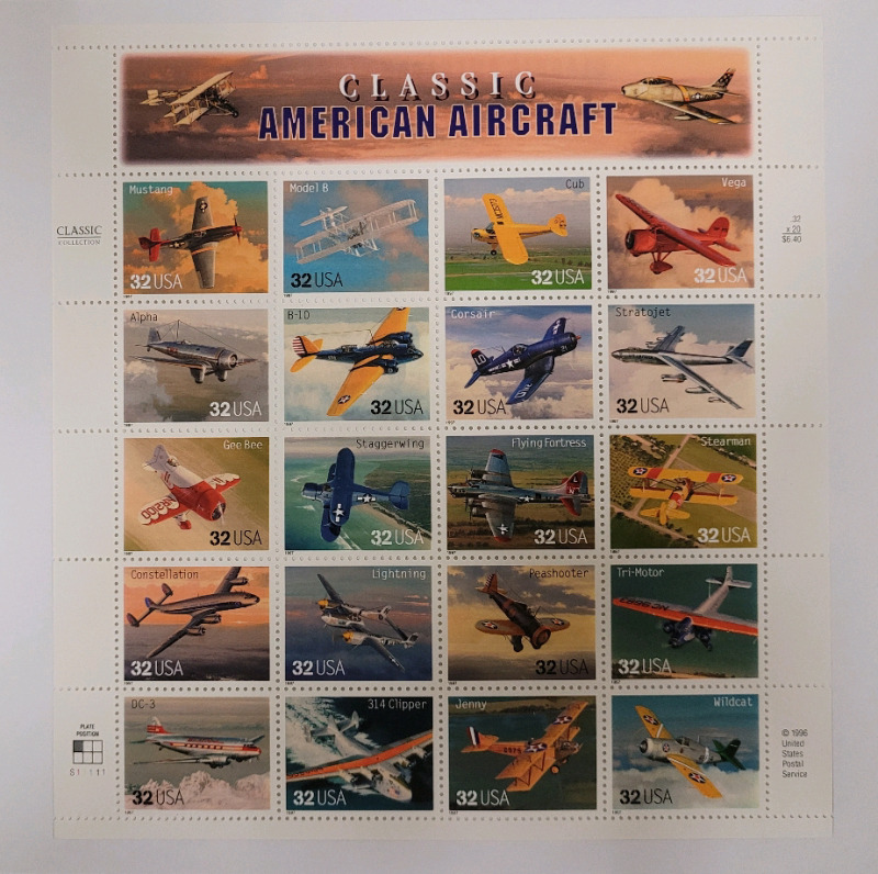 1996 US Postal ' Classic American Aircraft ' Stamp Sheet , 32 Cent Stamps