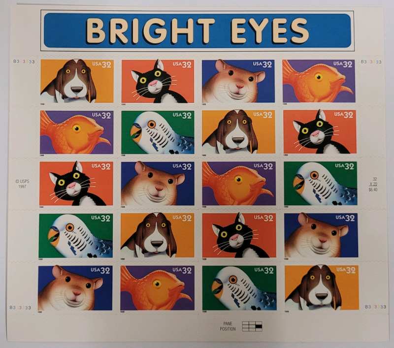 1997 US Postal ' Bright Eyes ' Stamp Sheet , 32 Cent Postage Stamps