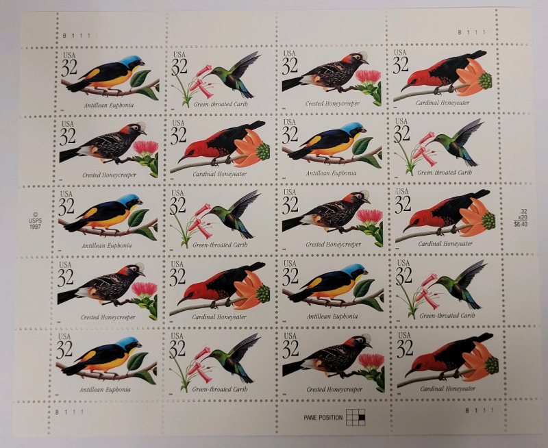 1997 US Postal ' Tropical Birds ' Stamp Sheet , 32 Cent Postage Stamps