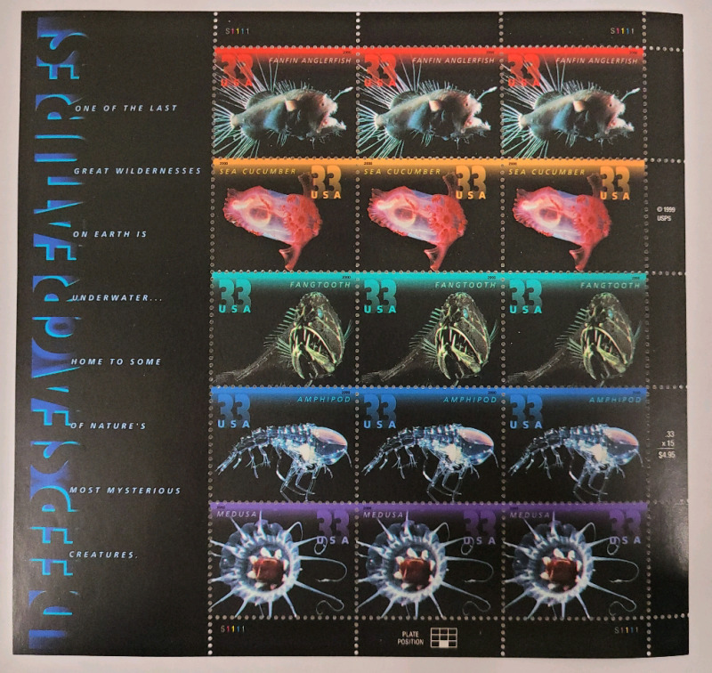 1999 US Postal ' Deep Sea Creatures ' Stamp Sheet , 33 Cent Postage Stamps