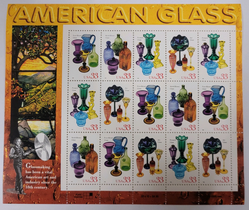 1998 US Postal ' American Glass ' Stamp Sheet , 33 Cent Postage Stamps