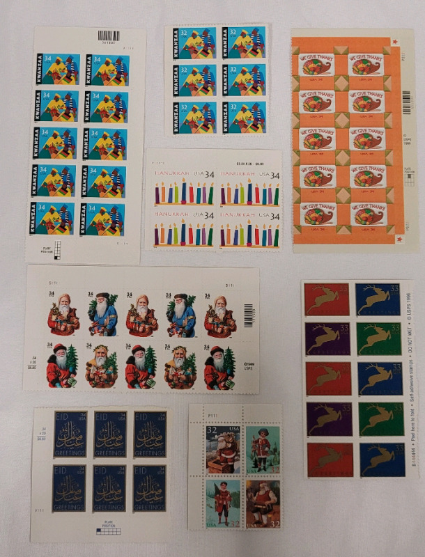 US Postal ' Holiday ' Stamp Blocks , All Unused . 32 - 34 Cent Postage Stamps