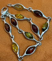 925 Sterling Silver 3 Amber Marquise Line Bracelet