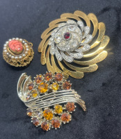 Three Vintage Brooches with Rhinestones & Dragon Egg