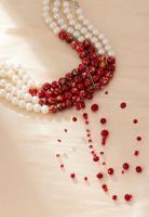 Red and White Faux Pearl Choker Necklace with Floating Dangles.