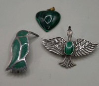 Vintage Malachite Heart Duck with Sterling Silver & 1.5" Penguin with Sterling Silver