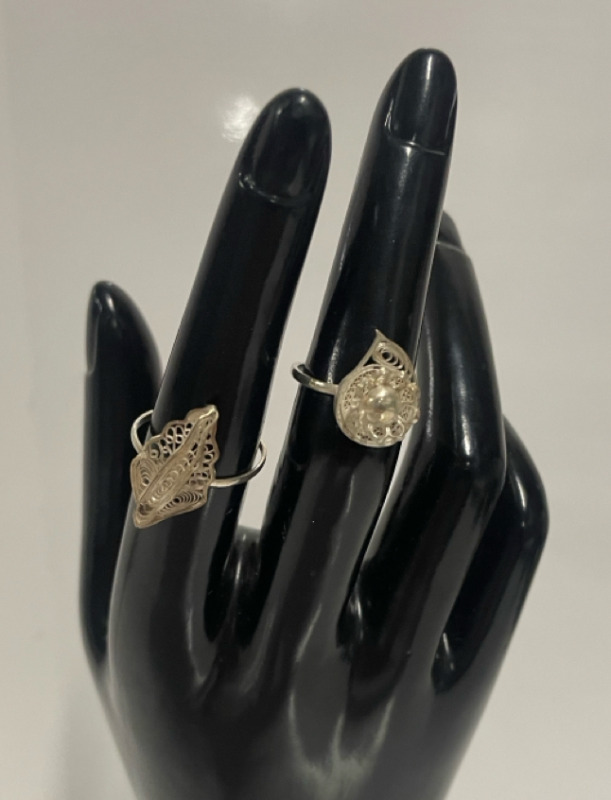 2 silver filigree rings size 6 and 7