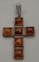 Vintage 1.25" Sterling Silver & Amber Cross