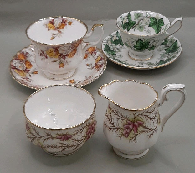 Vintage Royal Albert Lenora Teacup & Saucer Royal Albert Ivy Lea Demitasse Cup & Saucer Royal Albert Heather Bell 3.25" Cream & Sugar