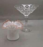 Vintage Webb Corbett n6.25" Crystal Compote Fenton Peach Crest Ruffled Top Hat Vase
