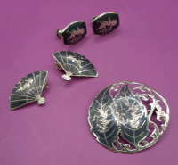 Vintage Siam Sterling Silver Brooch and 2 Pair of Earrings Clip On Screwback