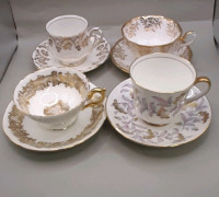 Vintage Royal Albert Teacup & Saucer White with Gilded Pattern Gilded with Grass 2 Coalport Teacups & Saucers White with Gold Gilding & Floral