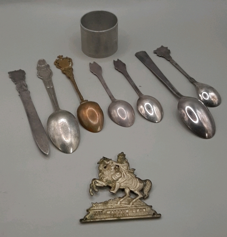 Vintage Assortment of Spoons from 1939 World Fair Dionne Quintuplets Boy Scouts Antique Revere Souvenir Napkin Ring Brass Orangeman's Plaque Letter Opener