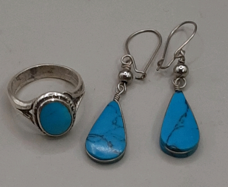 Vintage Navajo Silver and Turquoise Ring Size 5 3/4 Silver and Turquoise Earrings