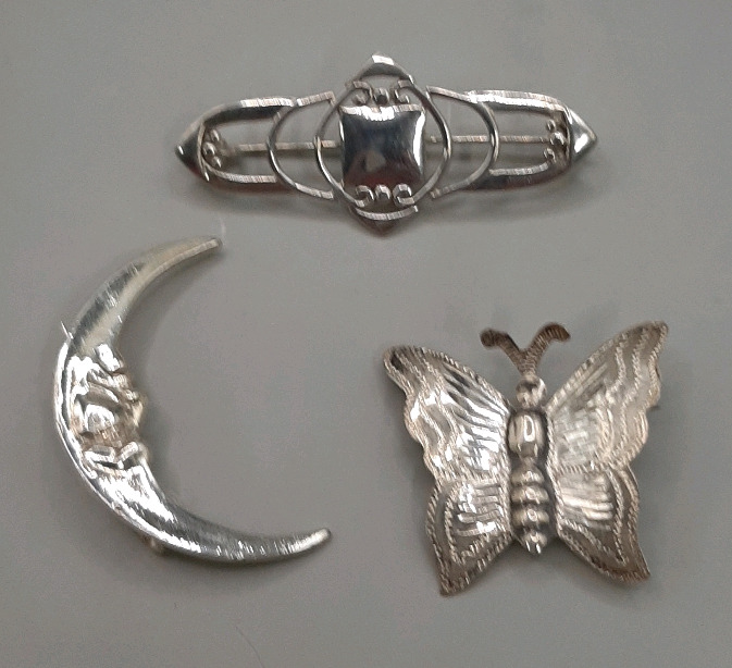 Vintage Sterling Silver 2" Bar Brooch Mexican Sterling Butterfly Sterling Moon Brooch