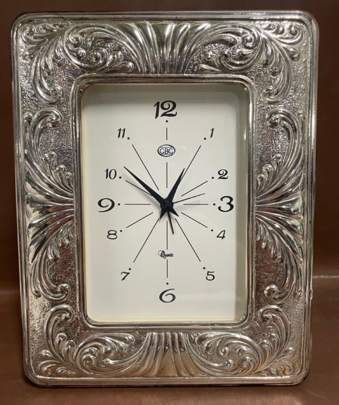 925 Sterling Silver and wood 8” Clock