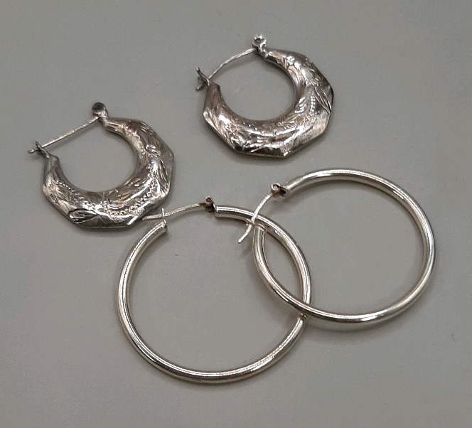 Vintage 2 Pair of Sterling Silver Hoop Earrings Largest Size is 1.25"