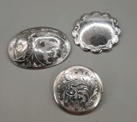 Vintage 3 Sterling Silver Brooches One 2" Oval & 2 Round