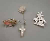 Vintage Mother of Pearl Lot 2.75" Mother of Pearl Srick Pin Cross Palm Tree & House Leafy Brooch