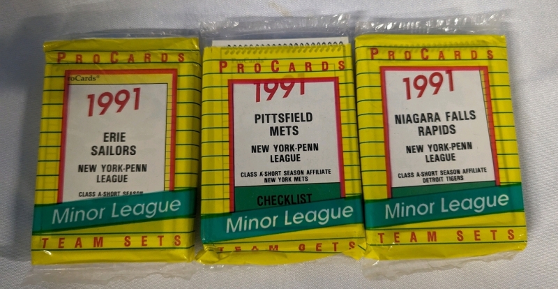 3 Vintage 1991 Minor League Baseball Team Set Packs - Erie Sailors, Pittsfield Mets, Niagara Falls Rapids.