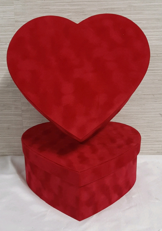 New 2 Heart Shaped Boxes Covered in a Red Velvet Like Material 11"H X 11.5 "W