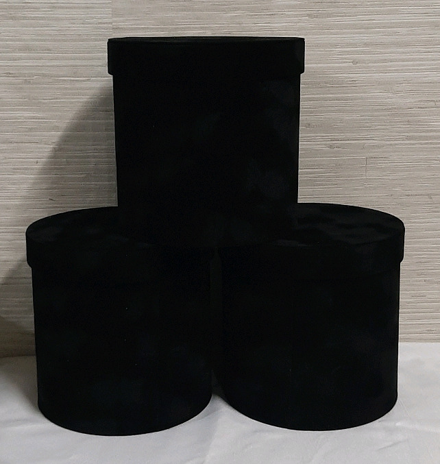 New 3 Black Velvet Like Round Containers 7.5H X 7.35W