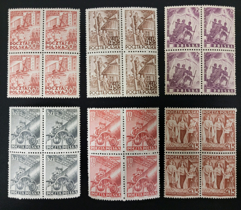 Vintage Poland Post ' Industries & Religion ' Stamp Blocks , 6 Sets . All Unused & Unhinged