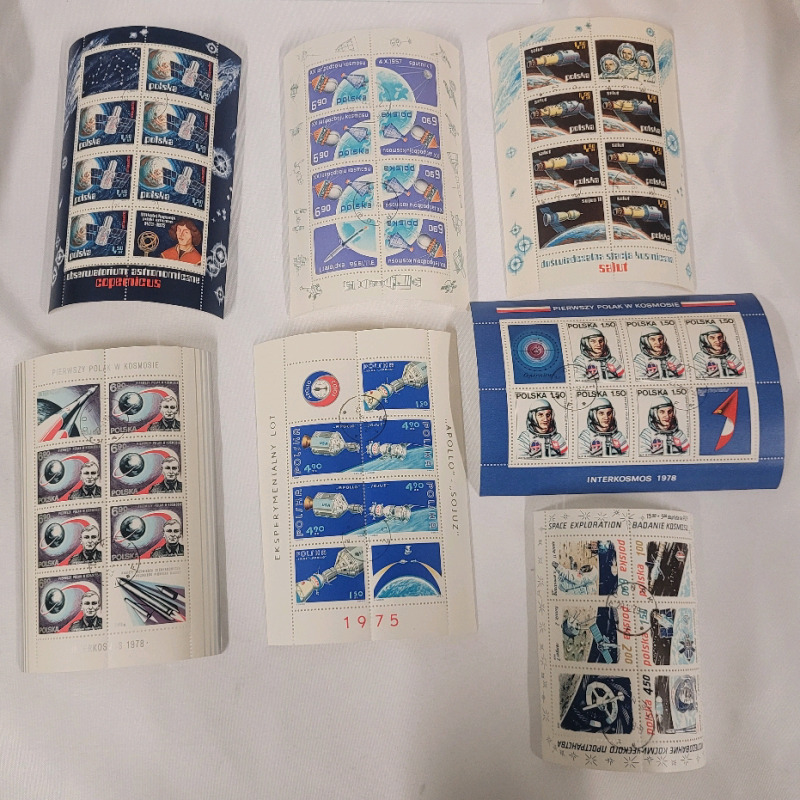 1970s Poland Post ' Space ' Stamp Sheets . All Sheets have Post Mark , Unhinged