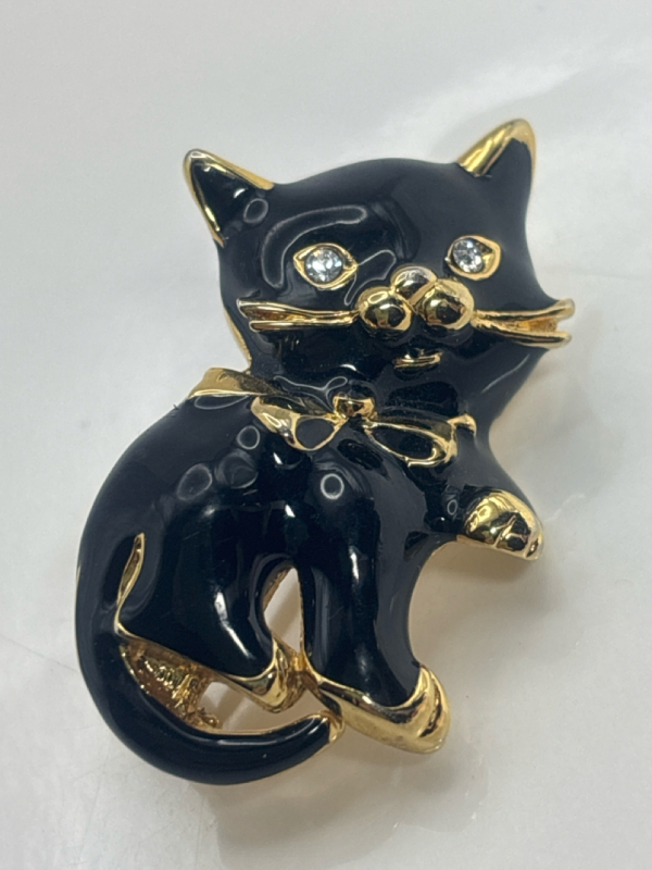 Black Enamel Rhinestone Cat Brooch