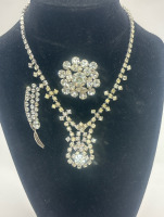 Rhinestone Necklace Two Brooches Vintage Brilliant