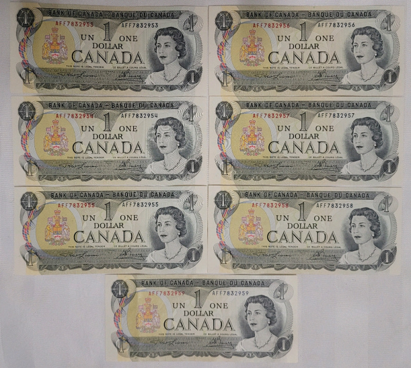 1973 Canadian One Dollar Bank Notes , Consecutive Numbers , 7 Notes