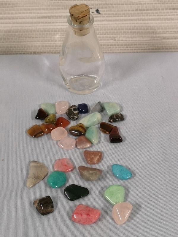 30 Polished Small Gemstones + Small Bottle with Cork